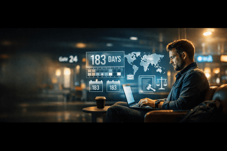 Remote work tax compliance professional working on laptop across international borders at night