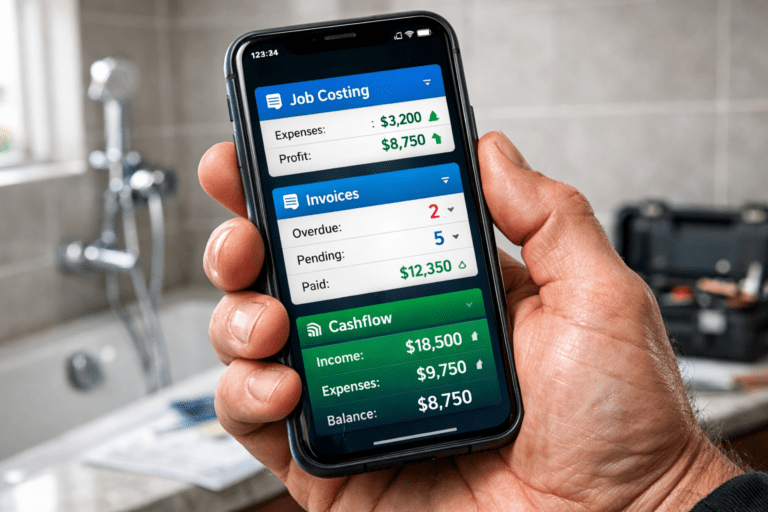 fintech for trades vertical dashboard showing job costing on mobile phone