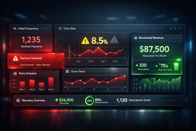 Failed SaaS payments dashboard showing declined transaction alerts and recovery metrics