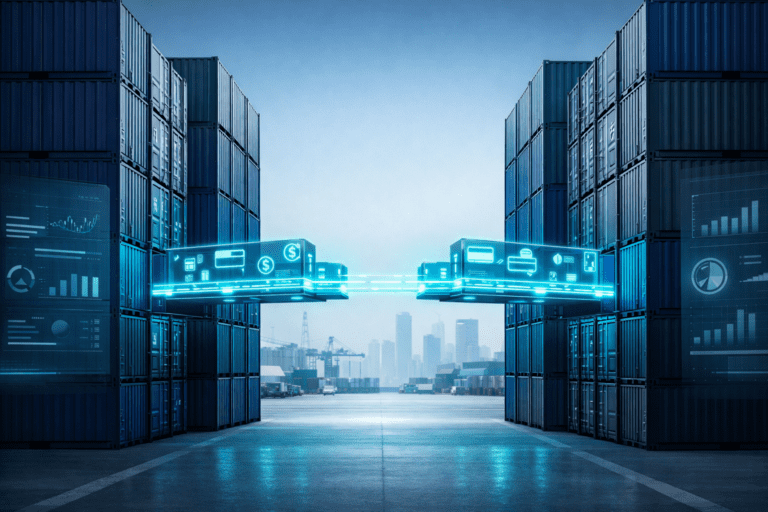 Supply chain finance gap illustrated by global shipping containers and digital payment networks