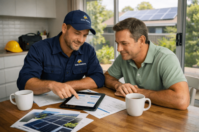Green lending fintech solar installer reviewing government loan with homeowner at kitchen table