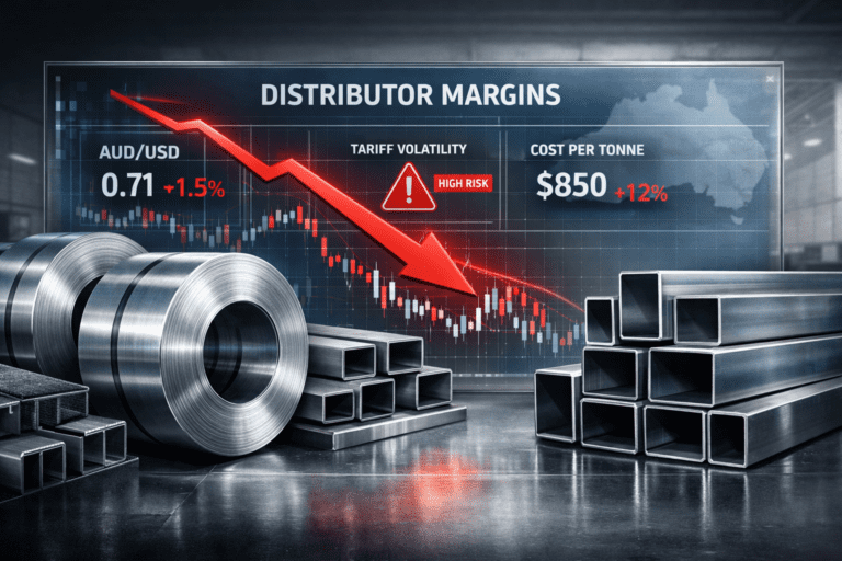 Steel currency risk chart showing AUD USD volatility impact on distributor margins