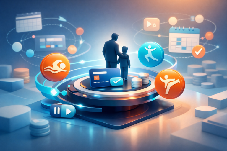 Family friendly billing dashboard showing flexible payment options for children's swim lessons