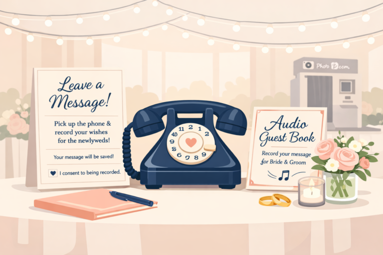 Wedding data privacy consent signage at audio guest book station