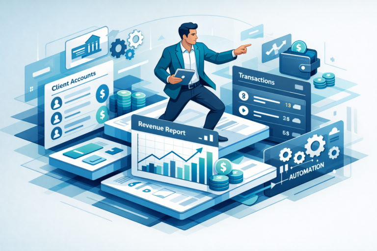 Fractional CFO fintech specialist reviewing financial dashboards across multiple client accounts