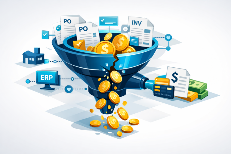 Business finance dashboard showing PO-to-payment cash leakage metrics and AP automation workflow
