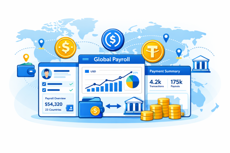 Stablecoins for payroll displayed on a digital screen showing a cross-border payment dashboard