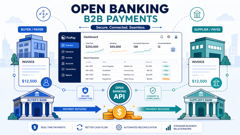 Open banking B2B payments workflow linking bank accounts to business accounting software
