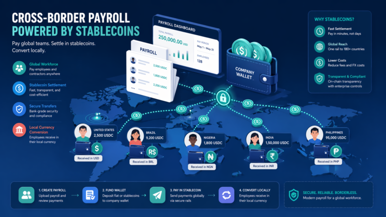 Stablecoins for payroll workflow showing cross-border settlement and local currency conversion