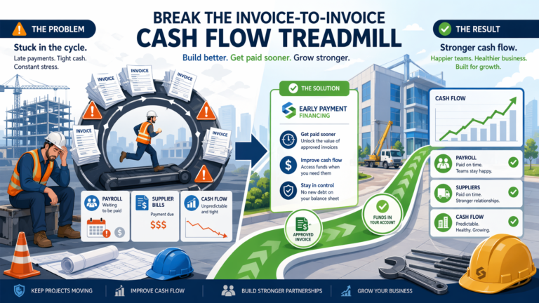 Construction supply chain finance workflow showing subcontractor invoice approval and early payment