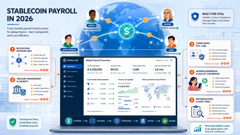 Stablecoin payroll dashboard showing cross-border settlement and treasury reconciliation across multiple jurisdictions