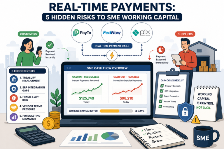 Real-time payments dashboard showing SME working capital flows across PayTo FedNow and Pix rails