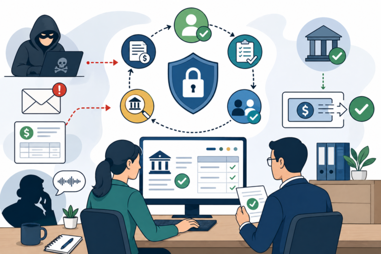 B2B payment fraud control workflow showing vendor verification ERP integration and dual-approval checks for accounts payable teams