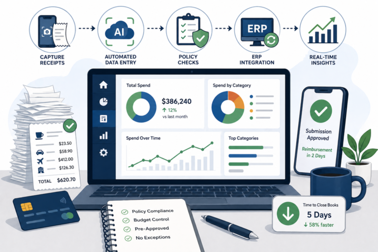 Expense management dashboard showing automated receipt capture ERP integration and real-time policy compliance for finance teams