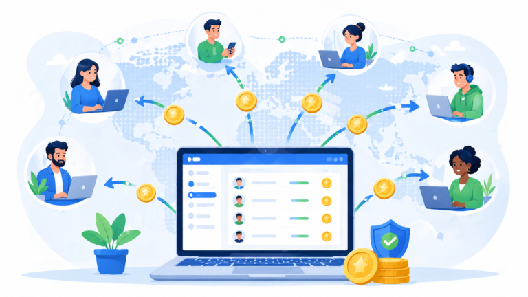 Stablecoin payroll dashboard showing cross-border contractor payment flow in 2026