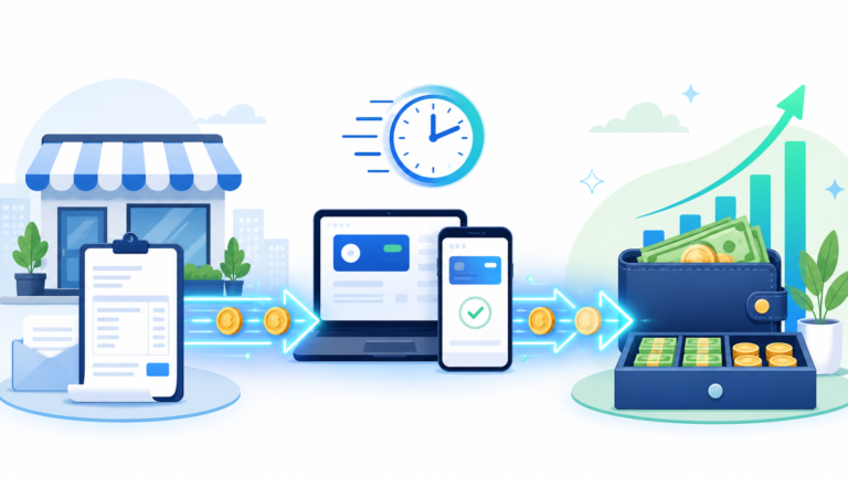 Real-time payment rails infographic showing instant settlement compared to traditional ACH and wire transfers for small business cash flow