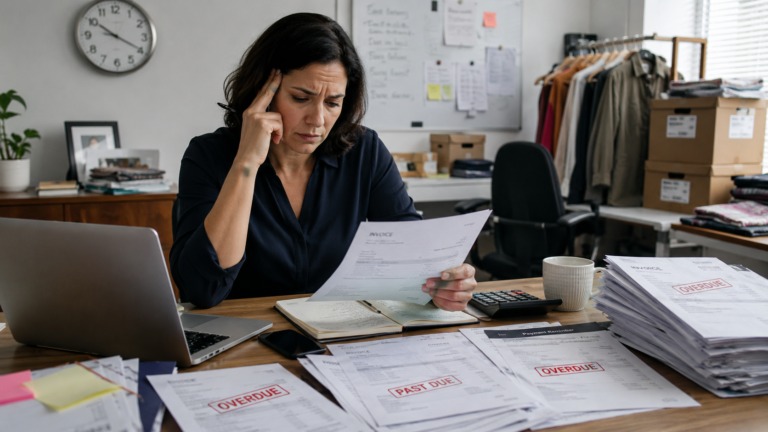 SME owner reviewing overdue invoices and the hidden costs of late B2B payments